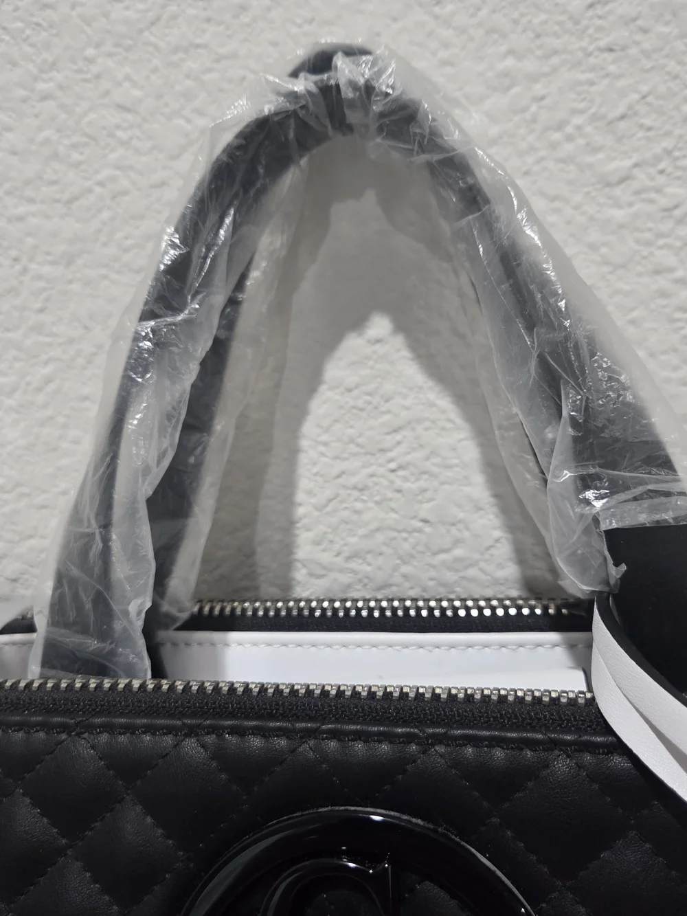 Guess G-Lux Status Black Quilted Satchel with Top Handles Black White Multi NWT